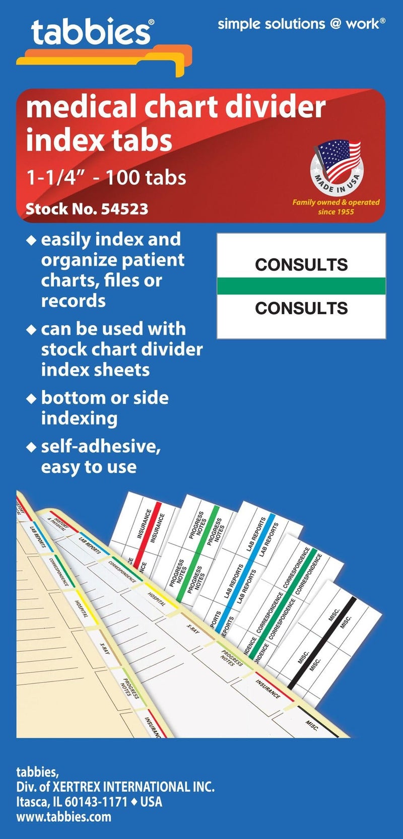 تابيز علامات تبويب مؤشر الرسم البياني الطبي من تابيس ""CONSULTS"" عرض 1-1/4 بوصة × ارتفاع 1/2 بوصة، أخضر، 100 علامة تبويب في كل عبوة (54523) - Image 1